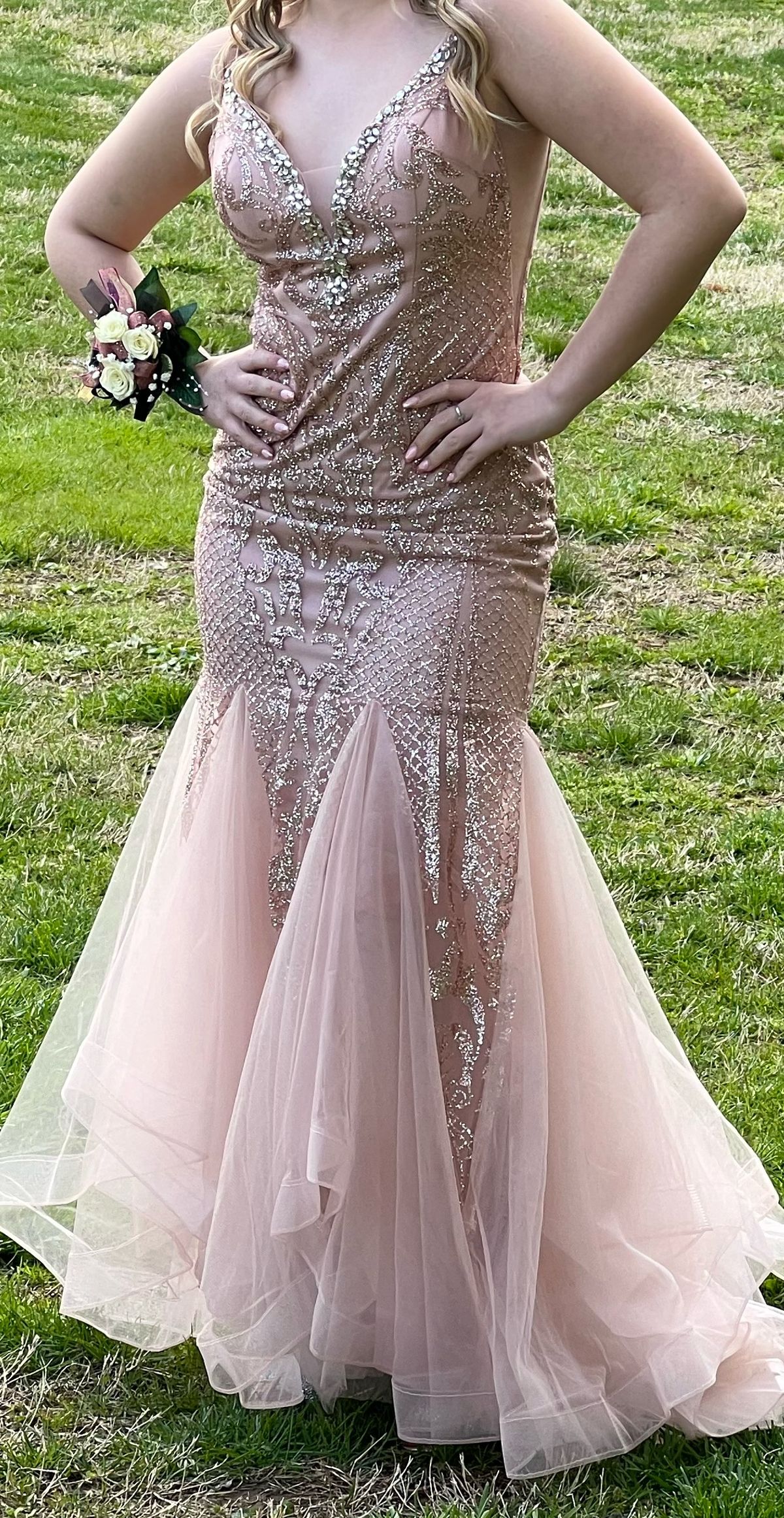 Size 8 Prom Sequined Rose Gold Mermaid Dress on Queenly