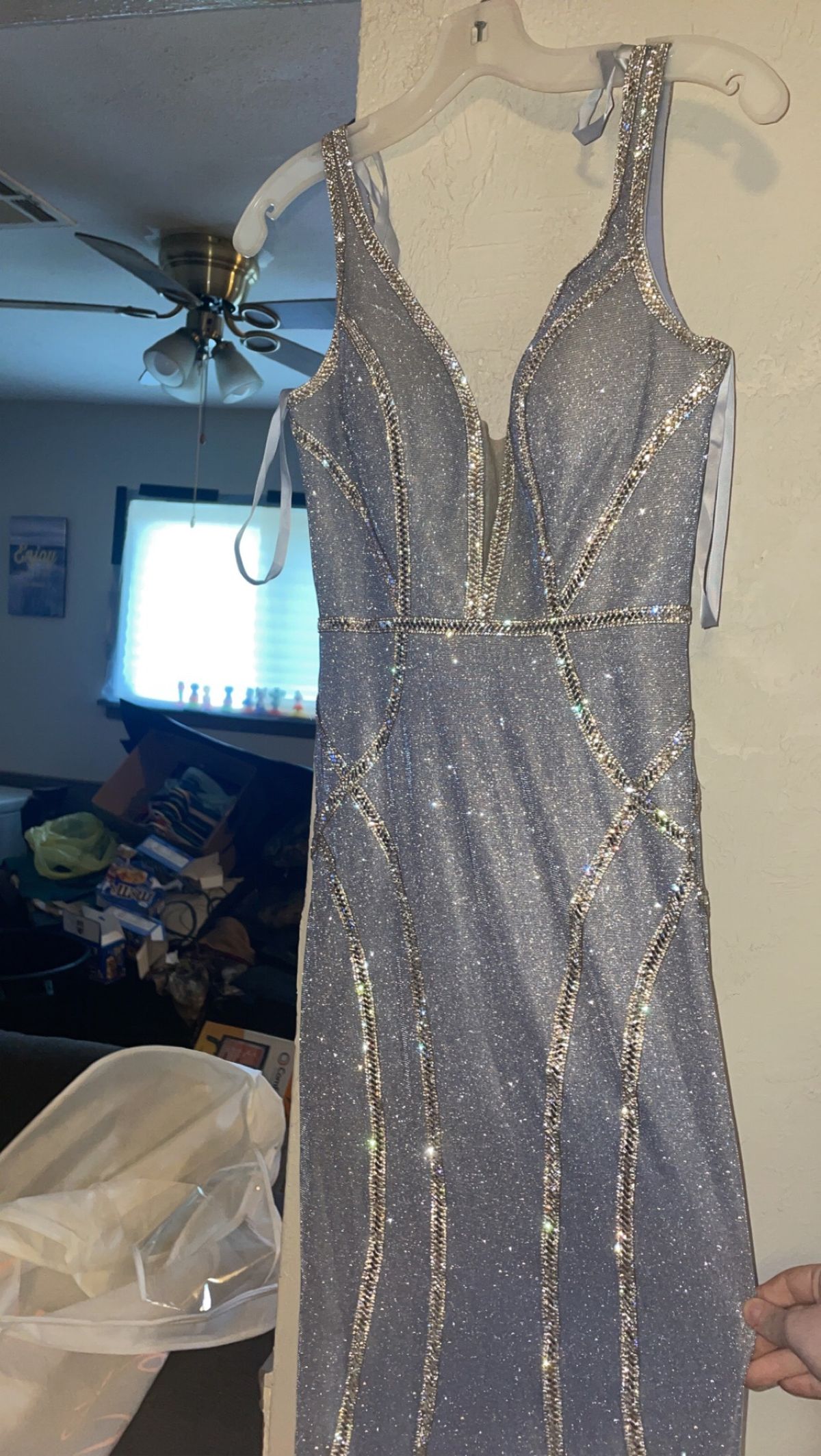 David's Bridal Size 0 Prom Sequined Light Blue Dress With Train on Queenly