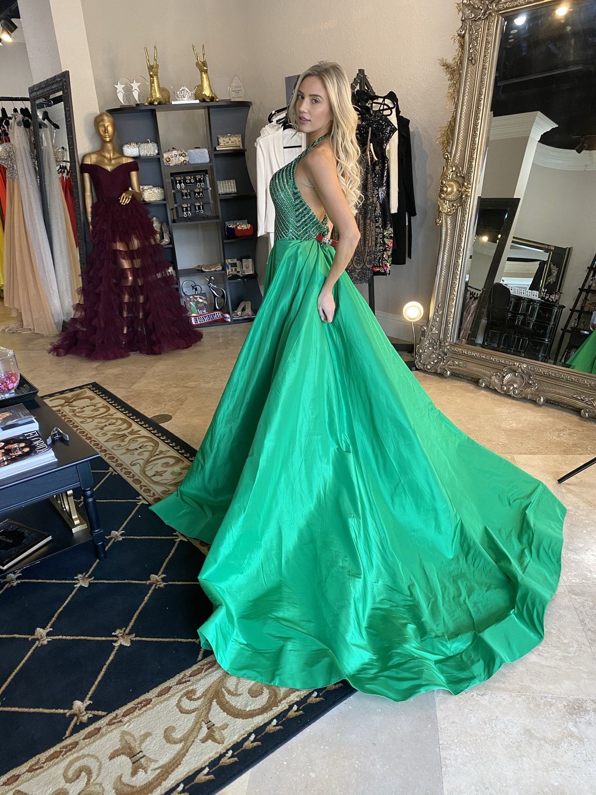 Jovani Size 0 Prom Halter Sequined Green Dress With Train on Queenly