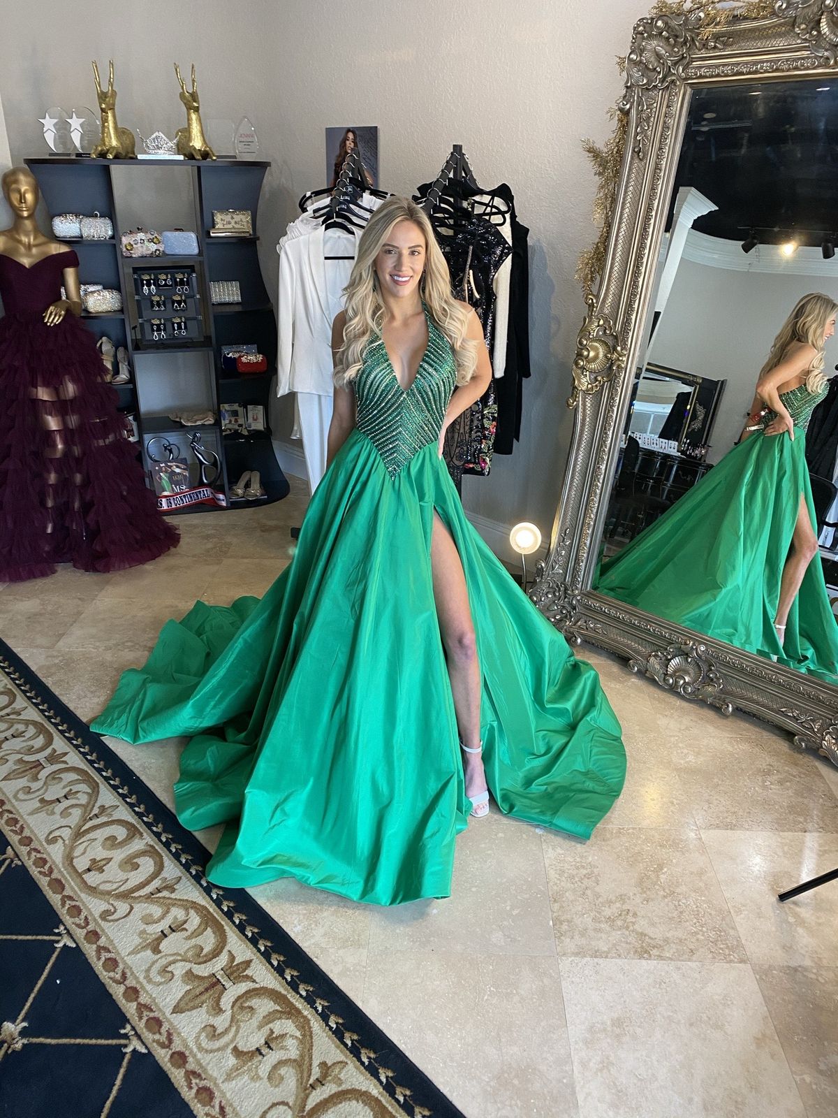 Jovani Size 0 Prom Halter Sequined Green Dress With Train on Queenly