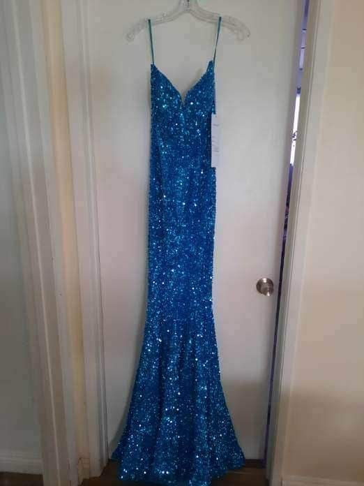 Size 2 Prom Strapless Sequined Turquoise Blue Ball Gown on Queenly
