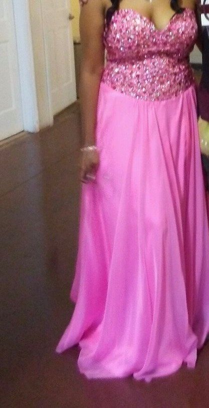 Size 14 Prom Strapless Sequined Hot Pink Dress With Train on Queenly