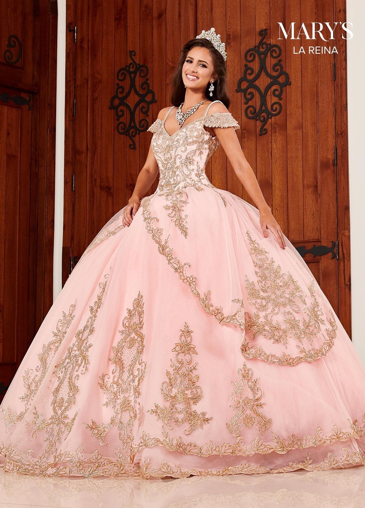 Style MQ2094 Mary's Bridal and Quince Size 4 Off The Shoulder Lace Light Pink Ball Gown on Queenly