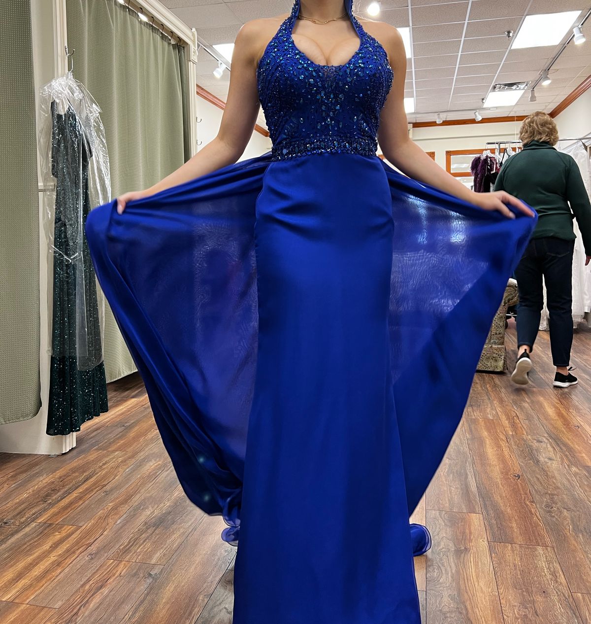 Size 6 Prom High Neck Royal Blue Dress With Train on Queenly