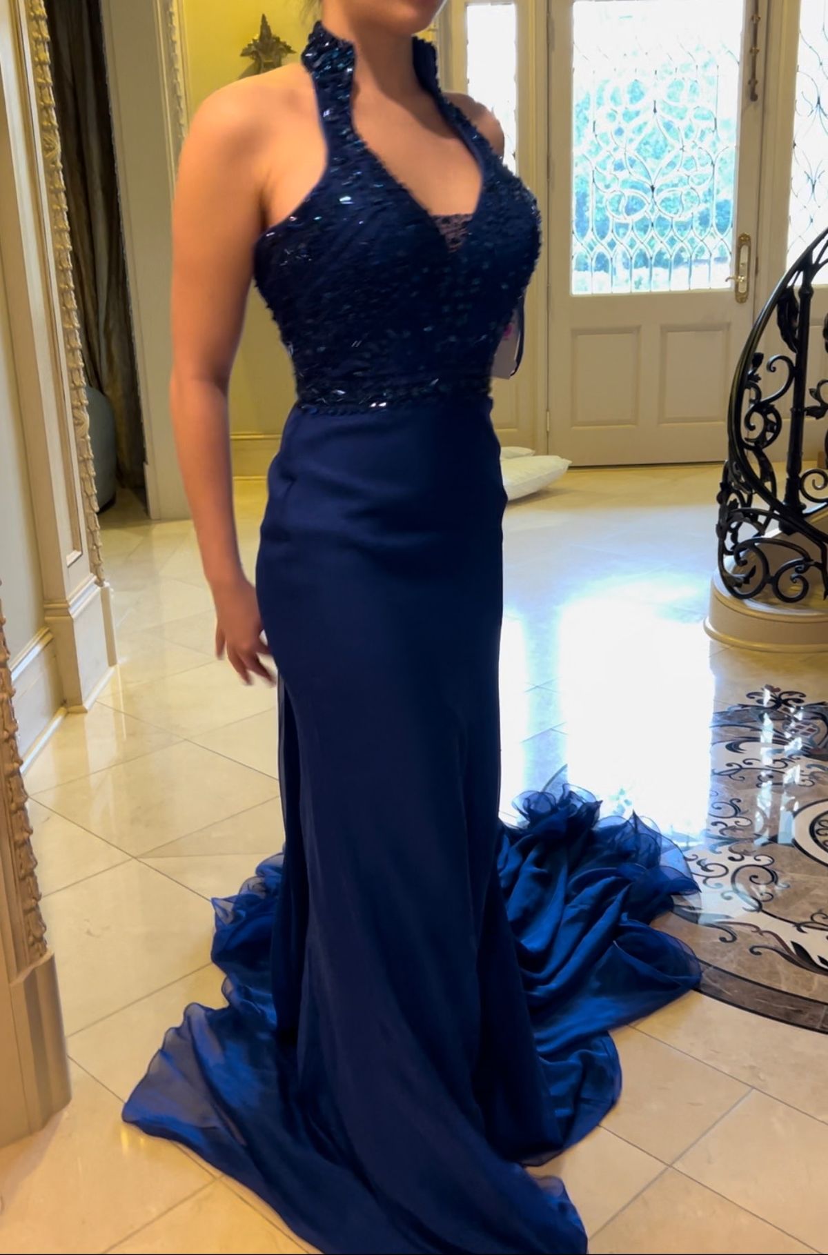 Size 6 Prom High Neck Royal Blue Dress With Train on Queenly