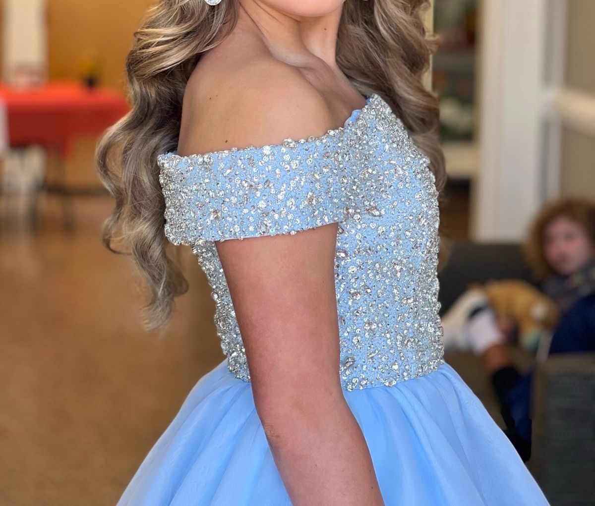 Ashley Lauren Size 4 Prom Off The Shoulder Sequined Light Blue Ball Gown on Queenly