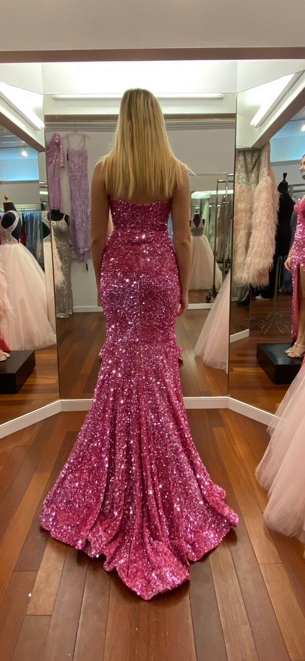 Portia and Scarlett Size 0 Prom Strapless Sequined Hot Pink Mermaid Dress on Queenly