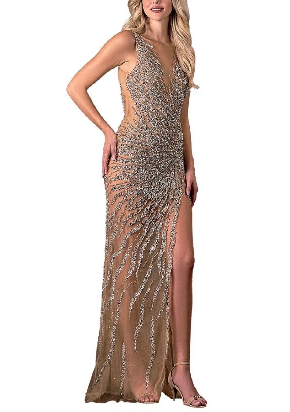 Terani Couture Size 10 Prom Sequined Nude Side Slit Dress on Queenly