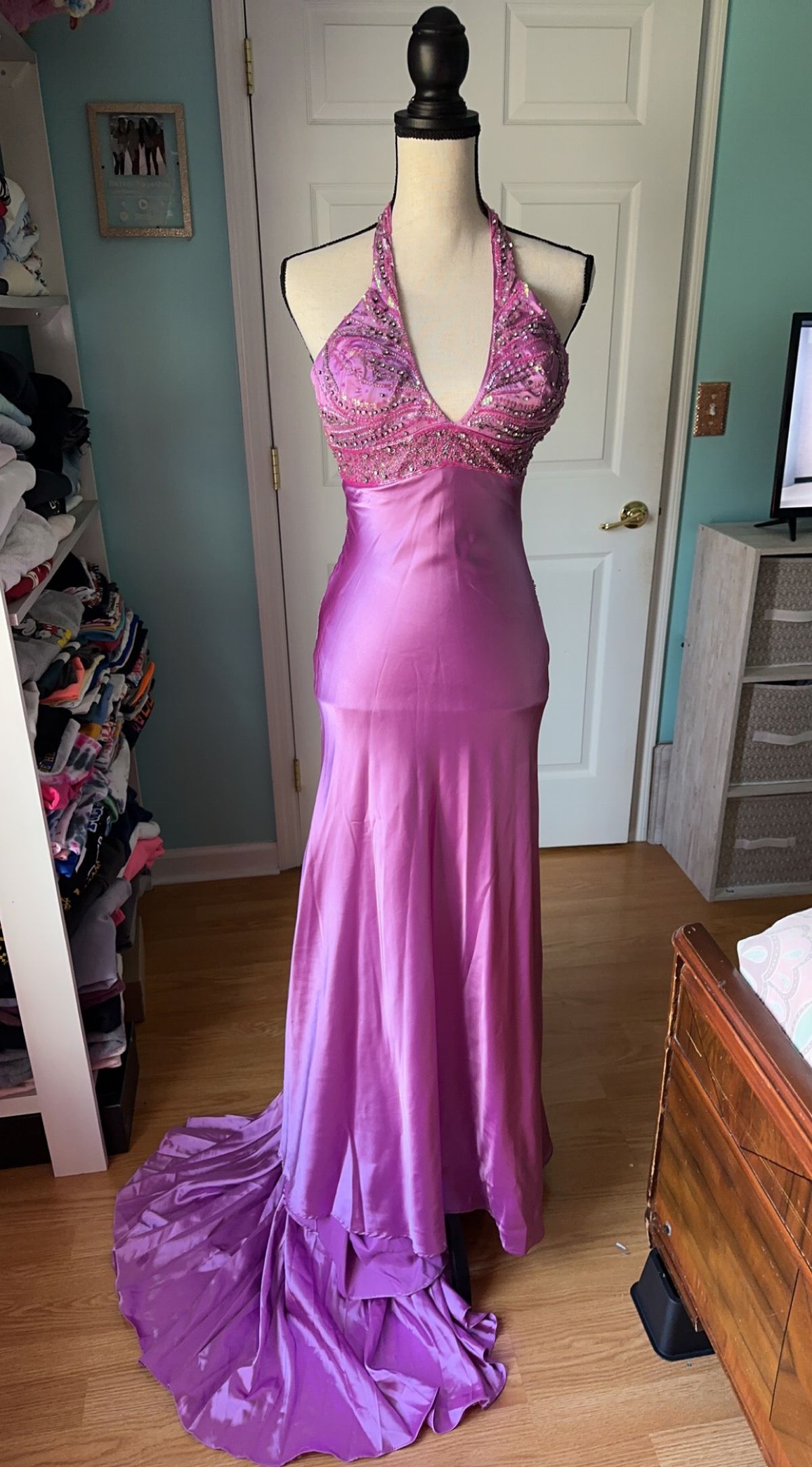 Size 0 Prom High Neck Satin Hot Pink Floor Length Maxi on Queenly
