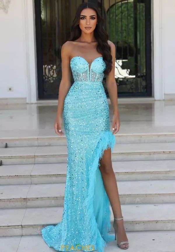 Style PS23029 Portia and Scarlett Size 0 Prom Strapless Sequined Blue Side Slit Dress on Queenly