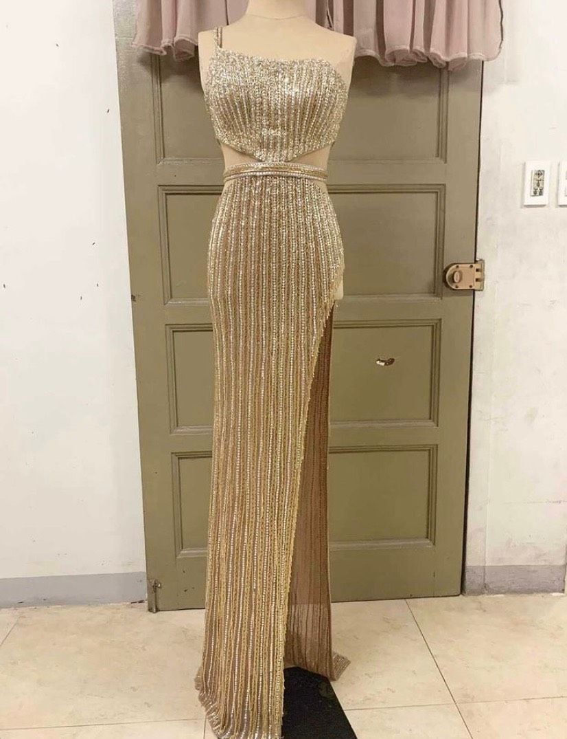 Size 2 One Shoulder Sequined Nude Floor Length Maxi on Queenly