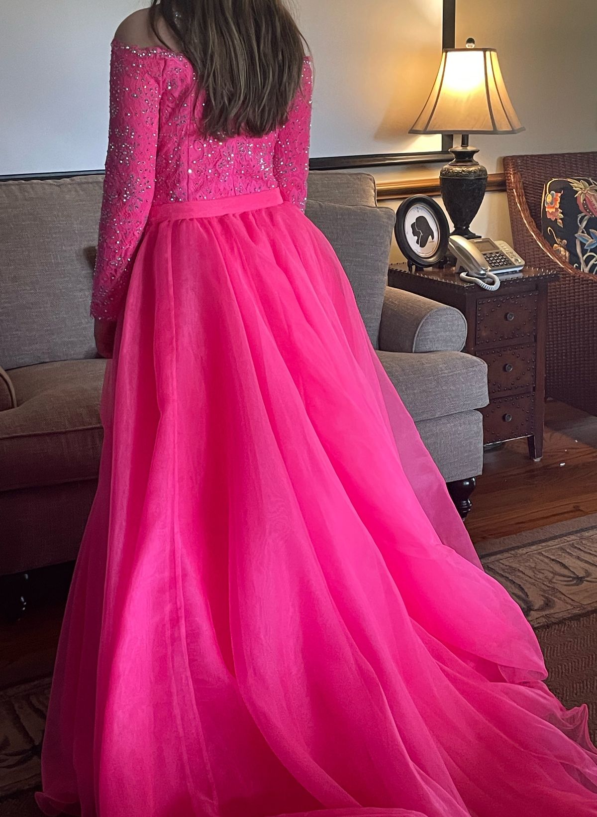 Johnathan Kayne Girls Size 14 Prom Long Sleeve Lace Hot Pink Mermaid Dress on Queenly