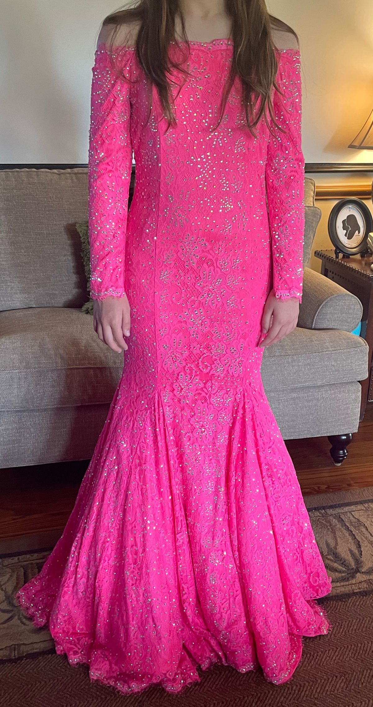 Johnathan Kayne Girls Size 14 Prom Long Sleeve Lace Hot Pink Mermaid Dress on Queenly