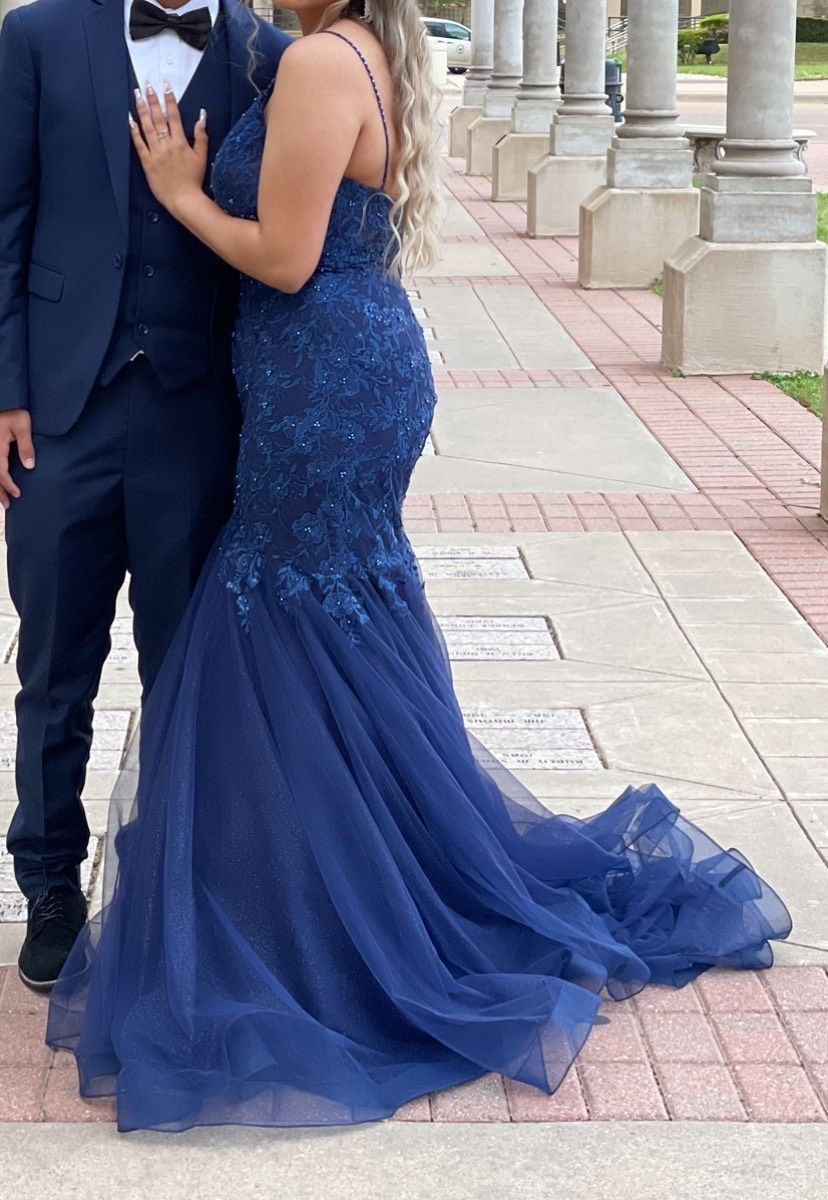 Jovani Size 10 Prom Plunge Lace Royal Blue Mermaid Dress on Queenly