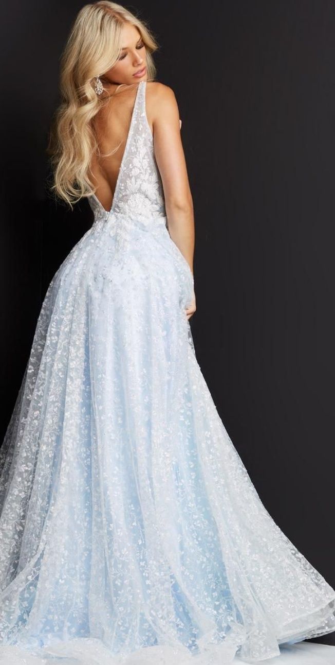Style na Jovani Size 4 Prom Plunge Sheer Light Blue Side Slit Dress on Queenly