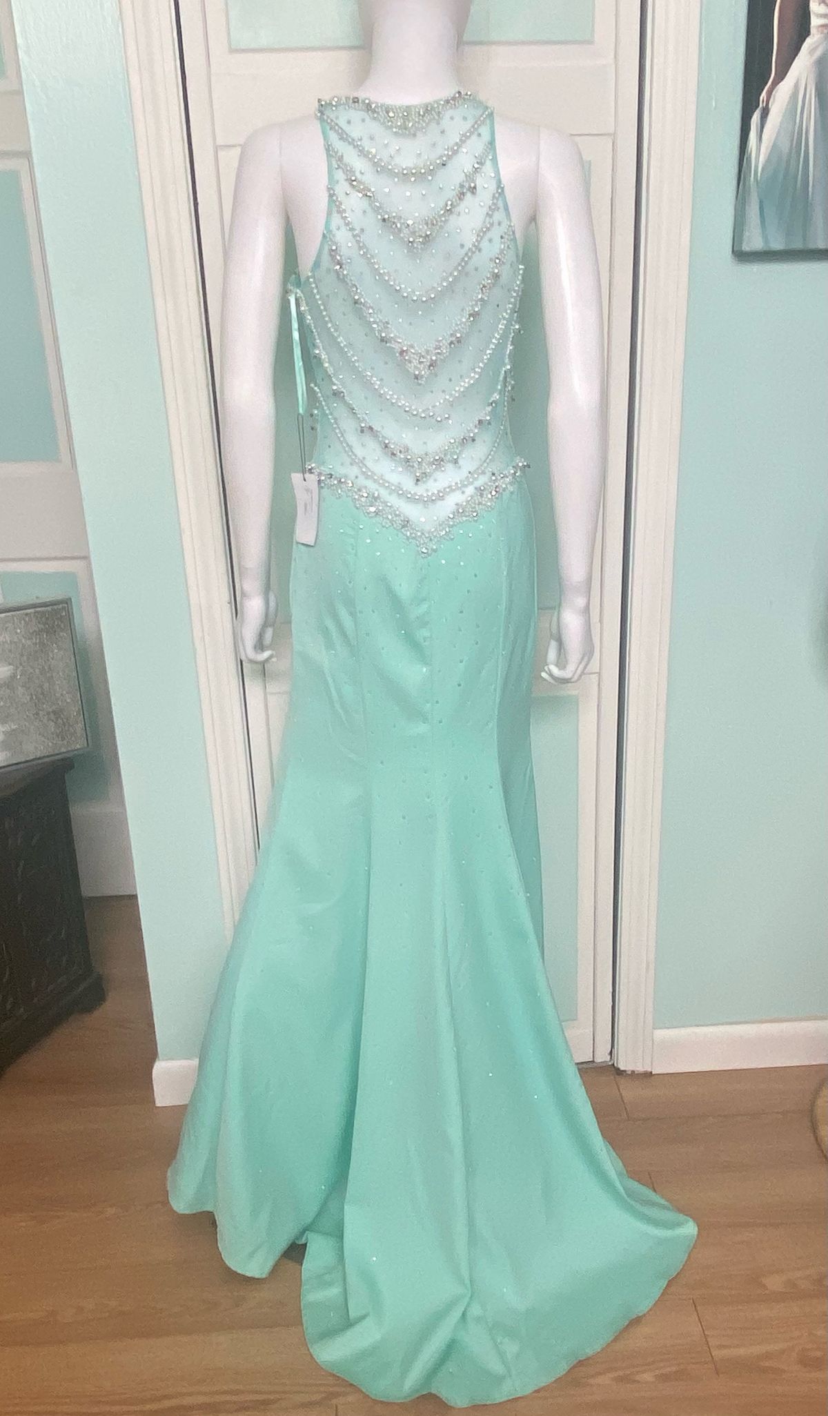 Splash Size 6 Prom Sheer Turquoise Green Side Slit Dress on Queenly