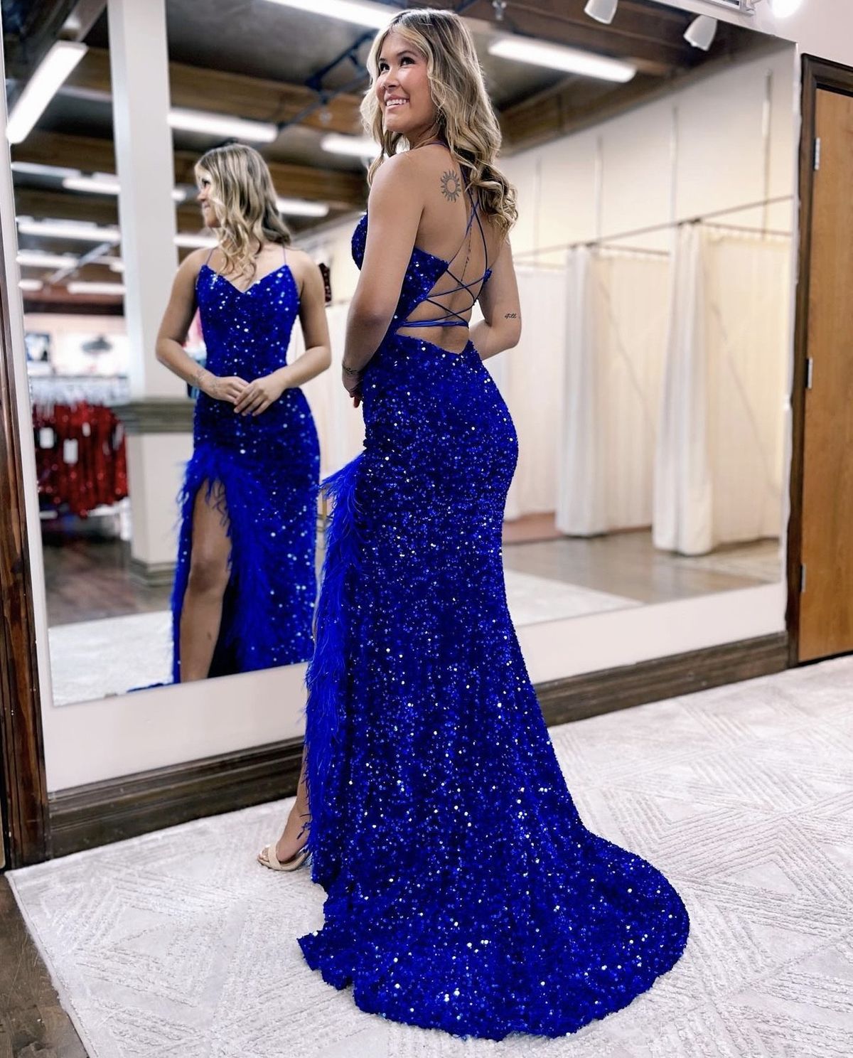 Size 4 Prom Sequined Royal Blue Side Slit Dress on Queenly