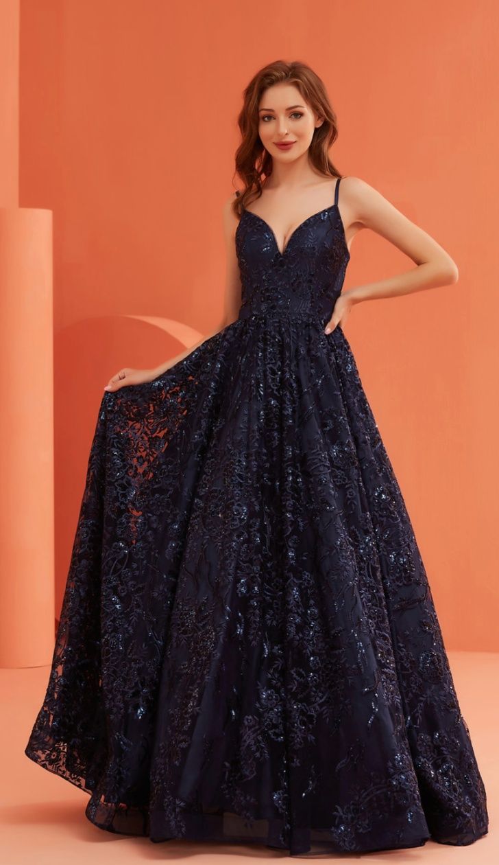 Style HEIDI_NAVY8_CEDC2 Jadore Size 8 Lace Blue Ball Gown on Queenly