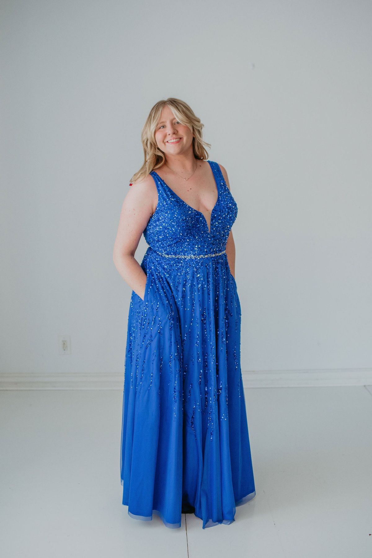 Style LACY Paul Rekhi Plus Size 20 Prom Plunge Sequined Blue Floor Length Maxi on Queenly