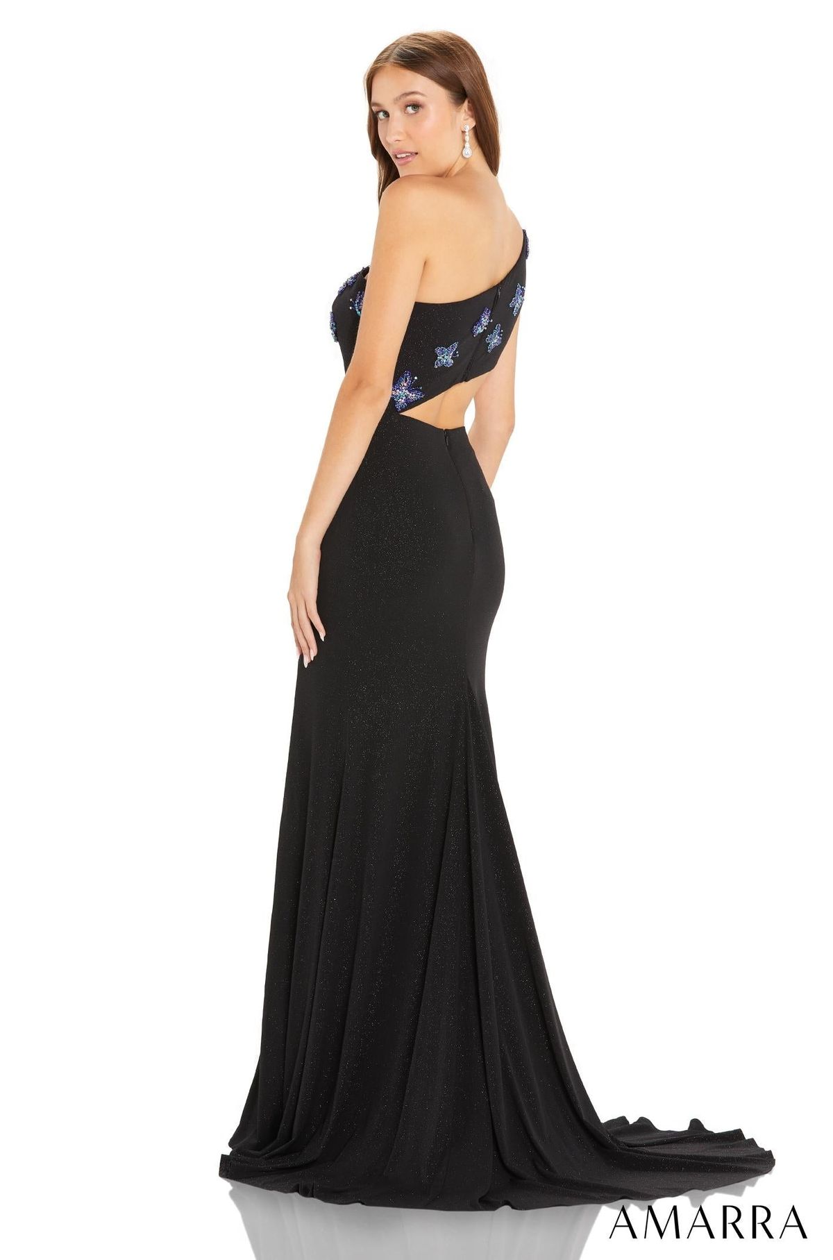 Style ABBY Amarra Size 4 Prom One Shoulder Black Side Slit Dress on Queenly