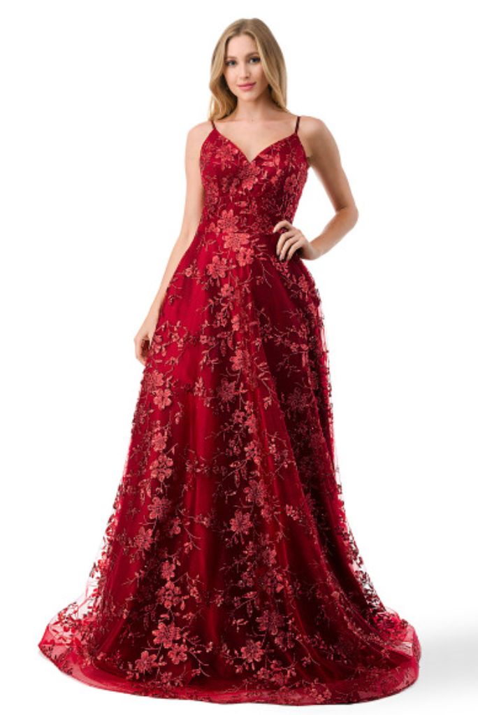 Style XENIA_BURGUNDY16_958E0 Coya Plus Size 16 Prom Floral Red Ball Gown on Queenly