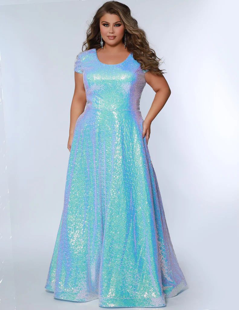 Style DOREAH Sydneys Closet Plus Size 18 Cap Sleeve Sequined Blue Ball Gown on Queenly