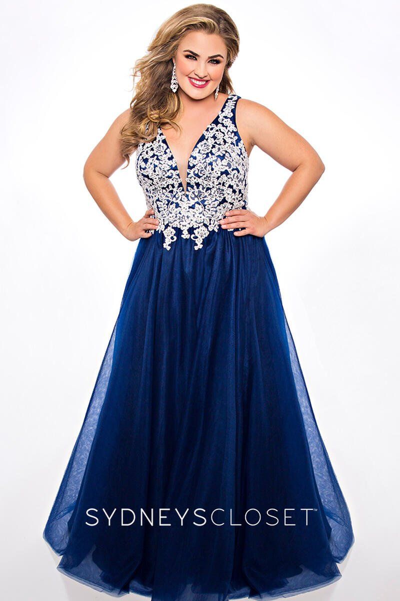 Style JANET Sydneys Closet Plus Size 18 Prom Plunge Lace Blue Ball Gown on Queenly