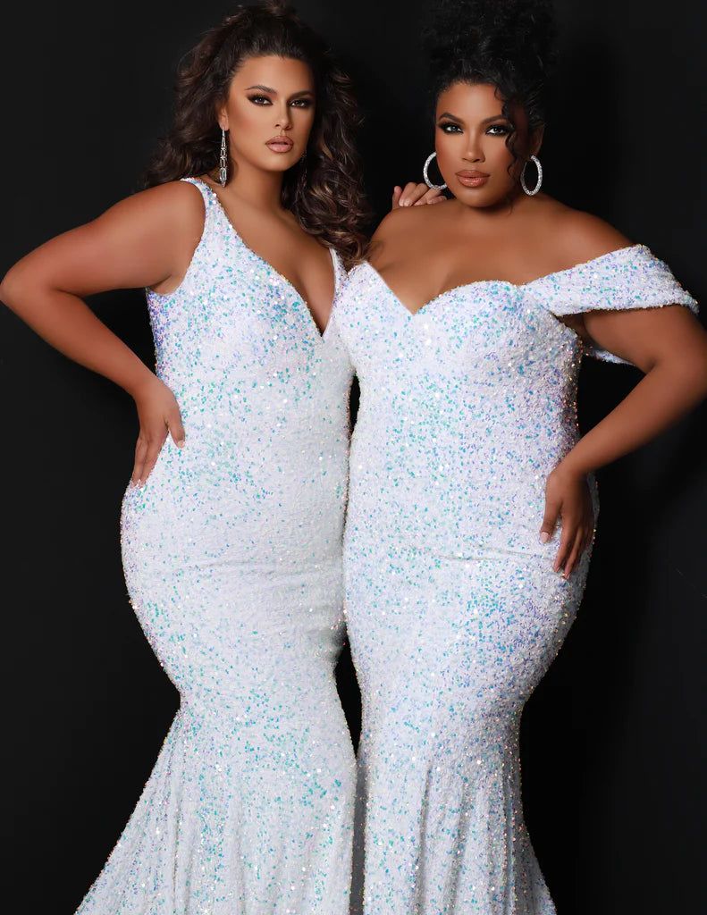 Style LEANN_WHITE18_DE7C9 Sydneys Closet Plus Size 18 Prom Sequined White Floor Length Maxi on Queenly