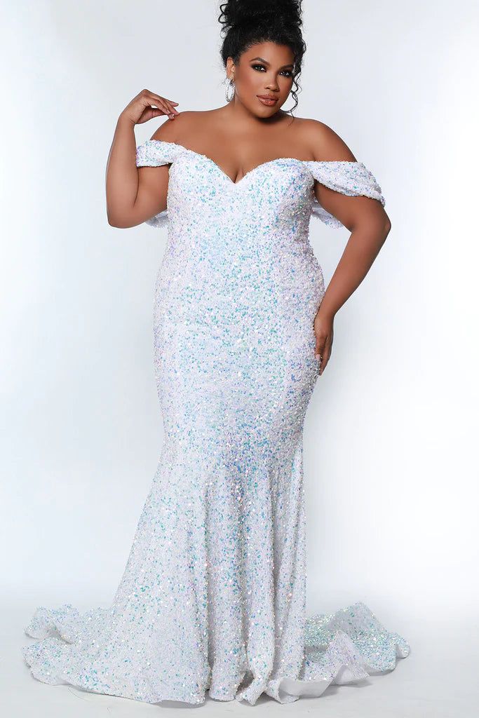 Style LEANN_WHITE18_DE7C9 Sydneys Closet Plus Size 18 Prom Sequined White  Floor Length Maxi on Queenly
