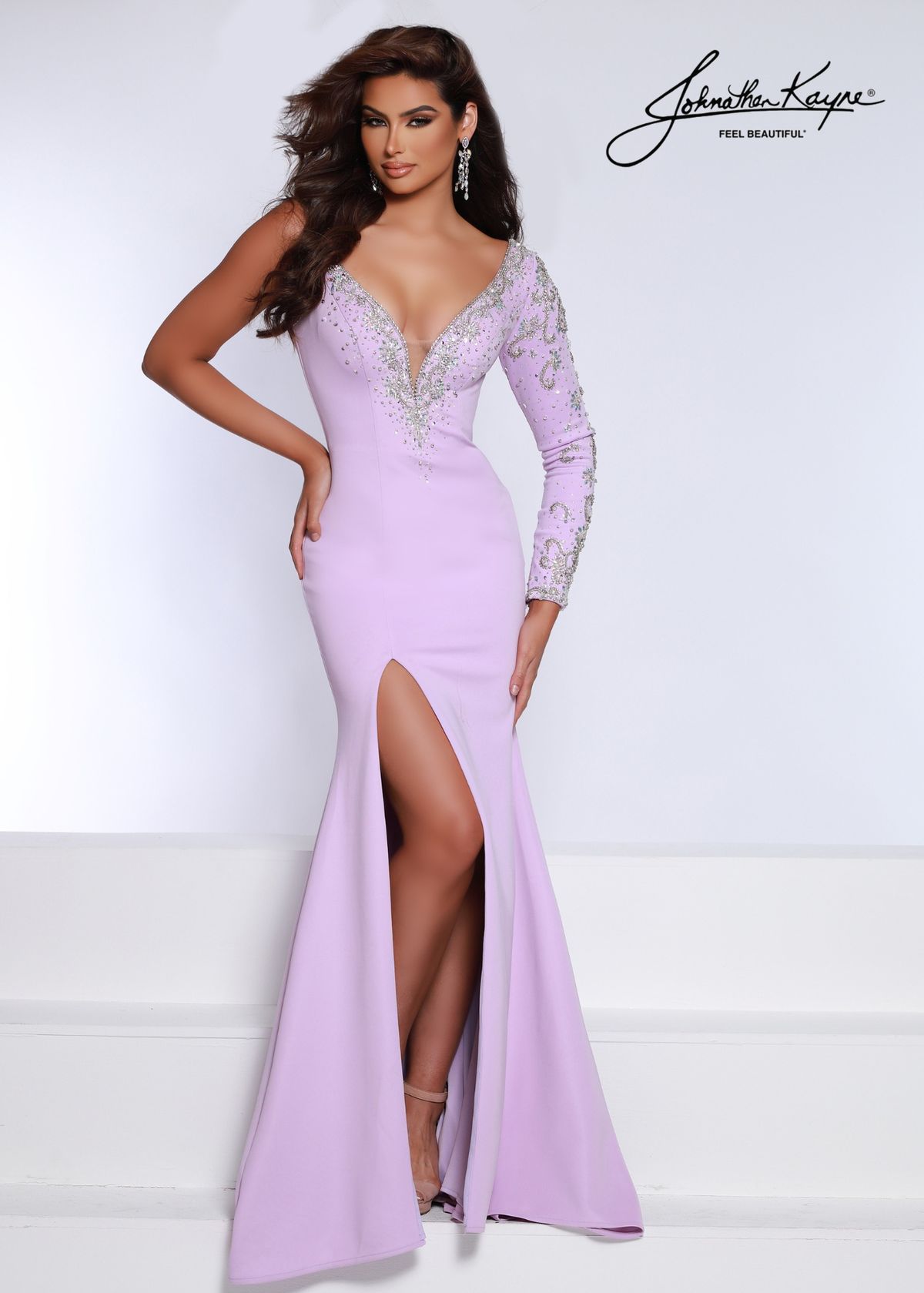 Style AMBRIE_CORAL2_A1002 Johnathan Kayne Size 2 Prom Long Sleeve Sequined Coral Side Slit Dress on Queenly