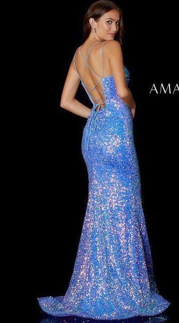 Style AGNES_PERIWINKLE10_C913F Amarra Size 10 Plunge Sequined Blue Side Slit Dress on Queenly