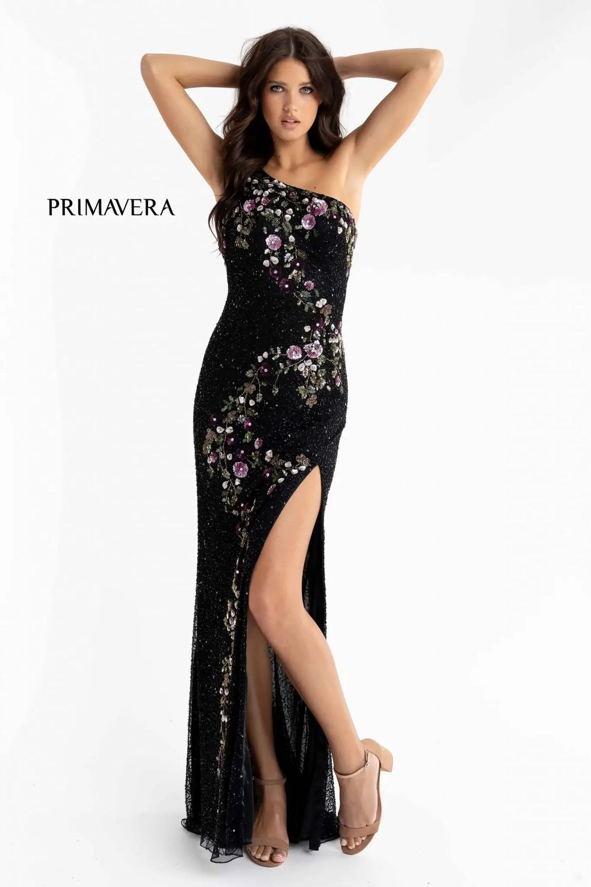Style AULI'I Primavera Size 8 One Shoulder Sequined Black Side Slit Dress on Queenly