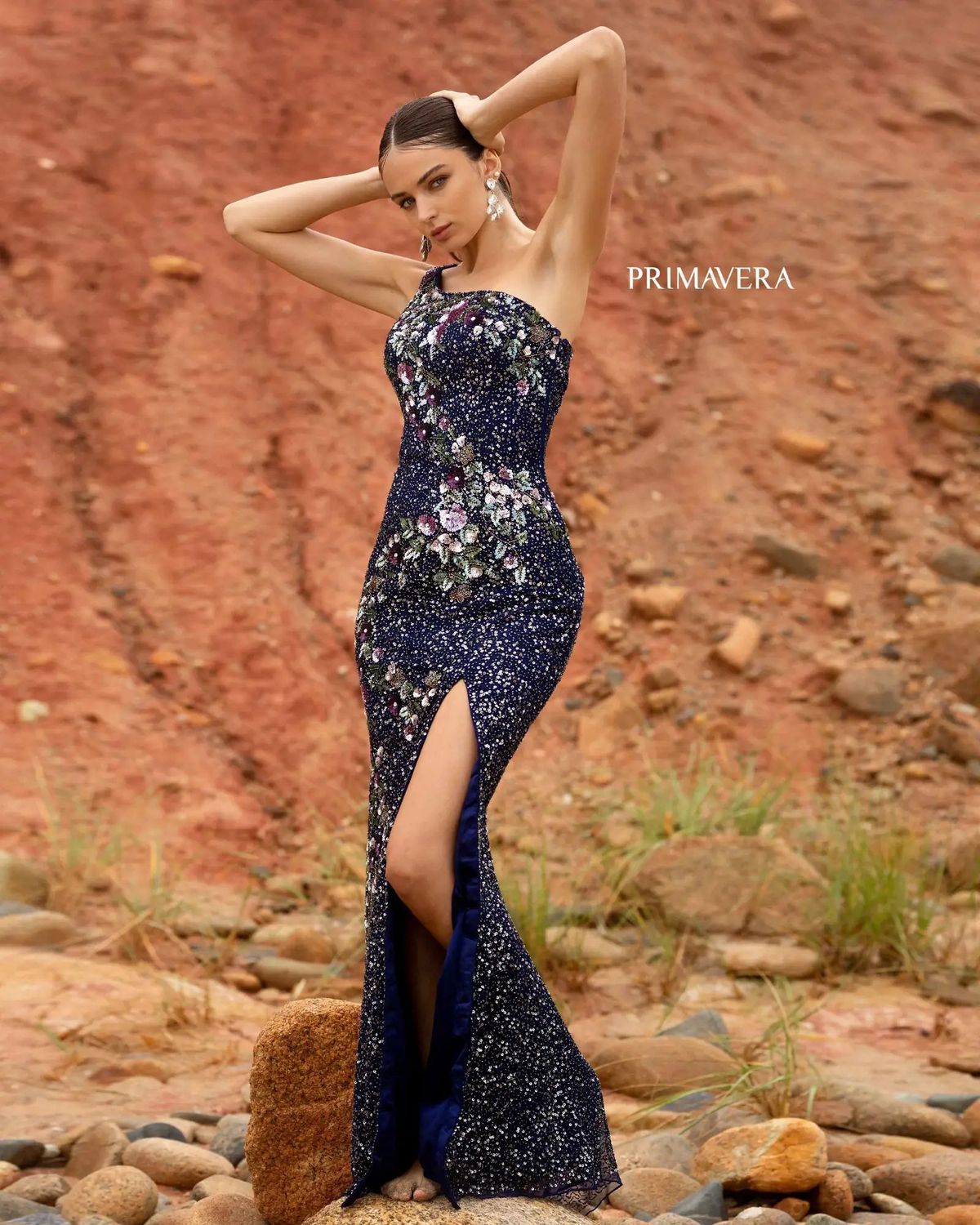 Style AULI'I_NAVY10_AE0EA Primavera Size 10 Prom One Shoulder Sequined Navy Blue Side Slit Dress on Queenly