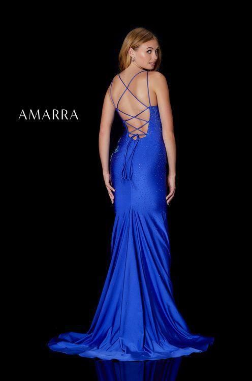 Style CHARLOTTE_ROYALBLUE4_77519 Amarra Size 4 Prom Sequined Blue Side Slit Dress on Queenly