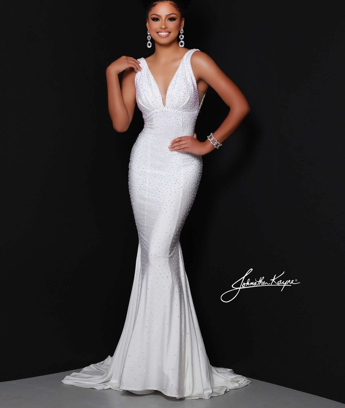 Style CELESTE_WHITE6_D4557 Johnathan Kayne Size 6 Prom Sequined White Mermaid Dress on Queenly