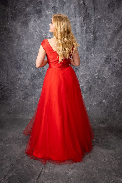 Style ELLA_RED8_83B22 Madison James Size 8 Cap Sleeve Satin Red Ball Gown on Queenly