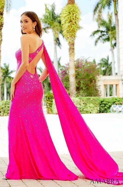 Style CAM_HOTPINK4_AED8D Amarra Size 4 Pageant One Shoulder Sequined Pink Side Slit Dress on Queenly