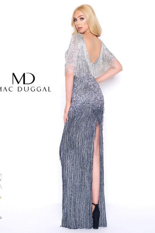 Style ABIGAIL Mac Duggal Size 4 High Neck Silver Side Slit Dress on Queenly