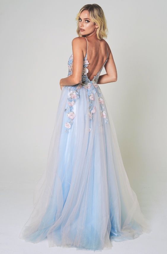 Style BANKS_LIGHTBLUE14_29659 Amelia Couture Size 14 Plunge Floral Blue Ball Gown on Queenly