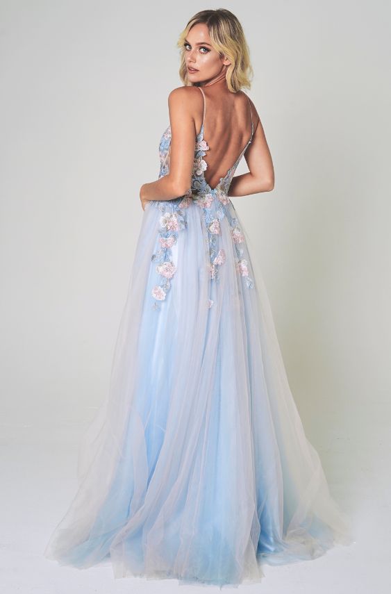 Style BANKS_LIGHTBLUE2_2679A Amelia Couture Size 2 Plunge Floral Blue Ball Gown on Queenly