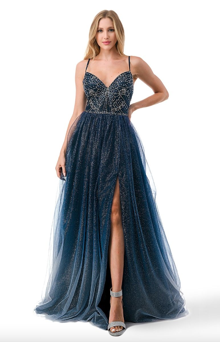 Style CANDIE_NAVY12_7DA8E Coya Size 12 Prom Halter Sequined Royal Blue Ball  Gown on Queenly