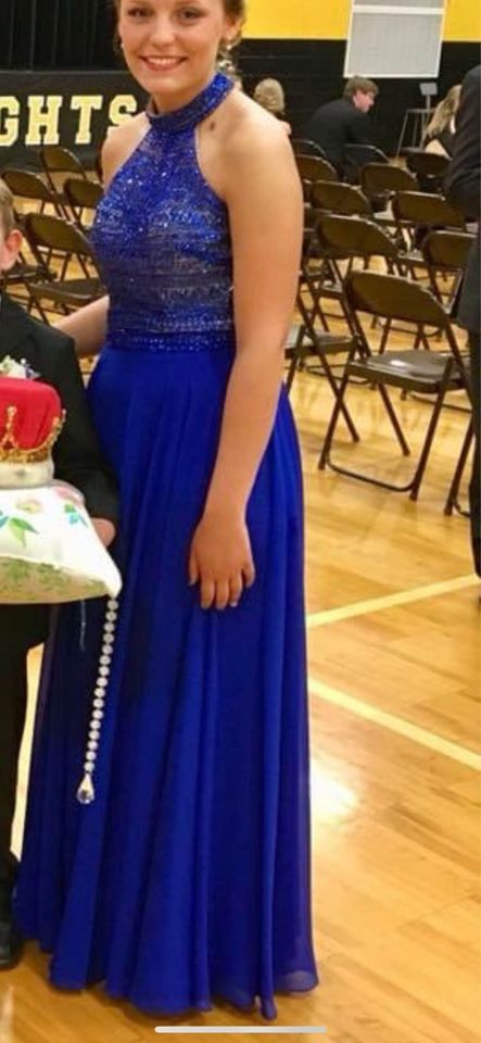 Size 6 Prom High Neck Sequined Royal Blue Floor Length Maxi on Queenly
