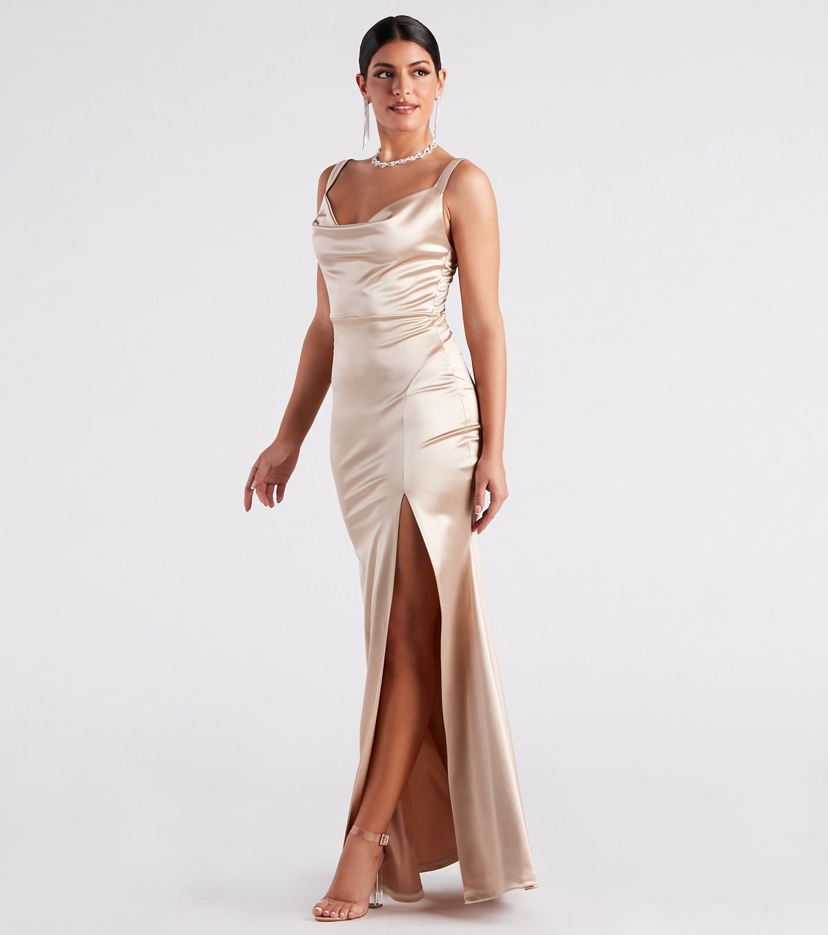 Style 05002-7205 Windsor Size XS Bridesmaid Satin Gold Side Slit Dress on Queenly