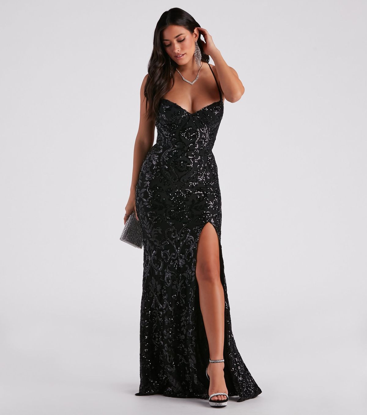 Style 05002-2900 Windsor Size S Bridesmaid Sequined Black Side Slit Dress on Queenly