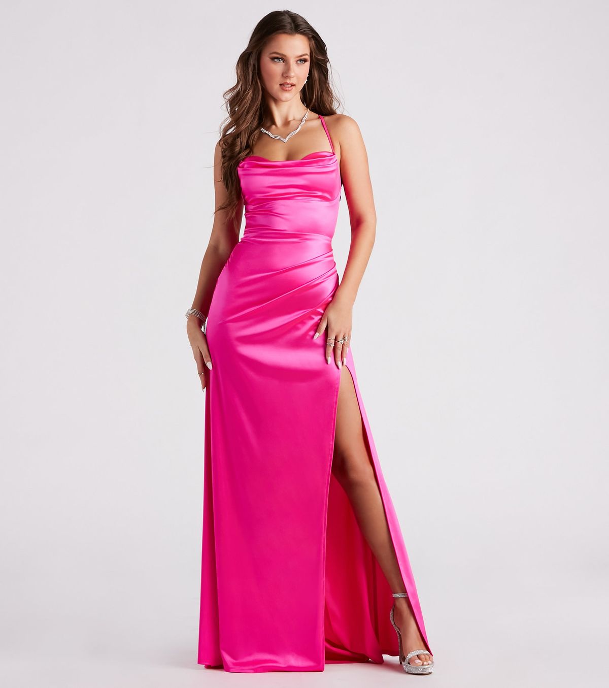 Style 05002-6950 Windsor Size XS Bridesmaid Satin Pink Side Slit Dress on Queenly