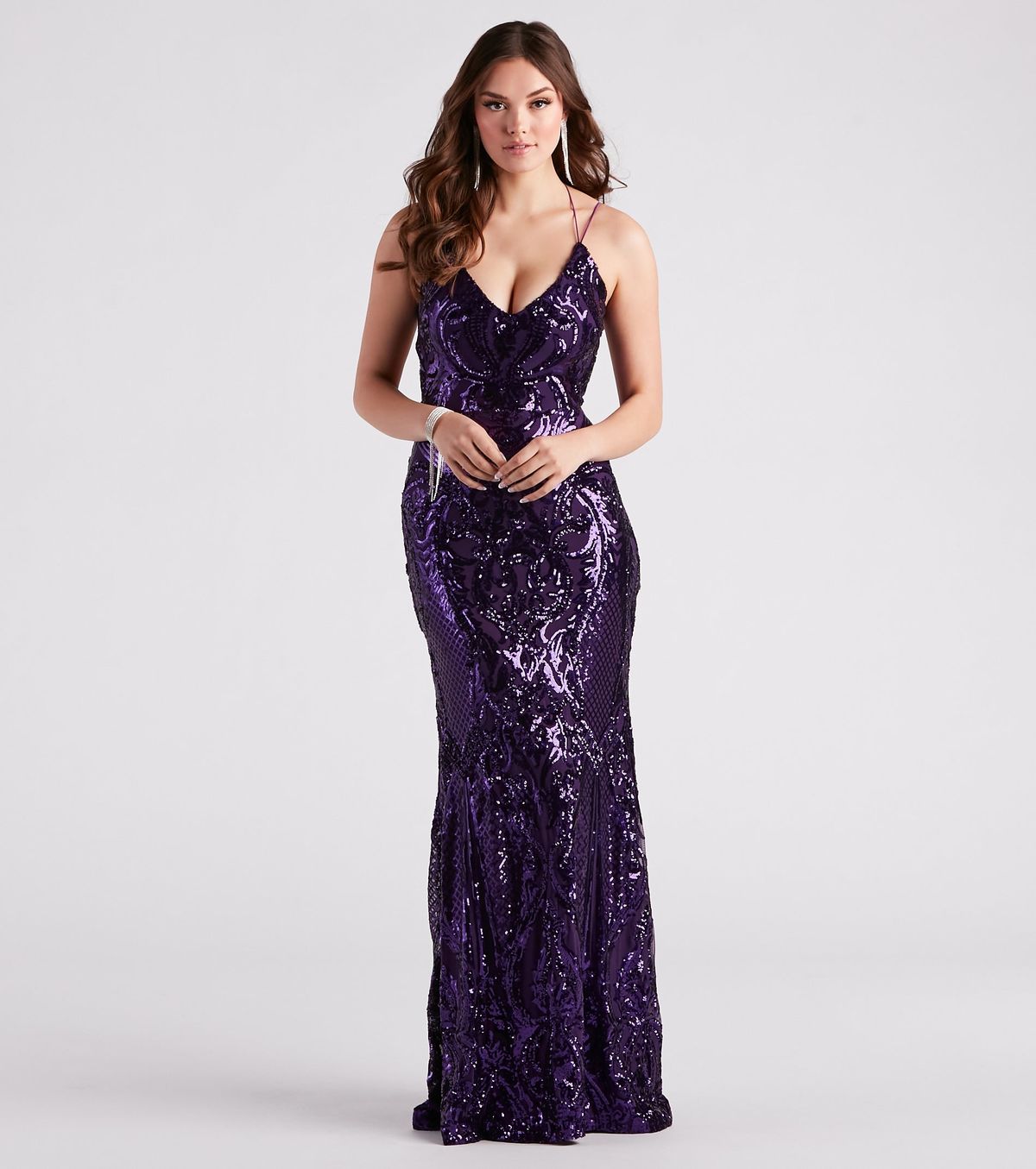 Style 05002-6883 Windsor Size S Bridesmaid Sequined Purple Mermaid Dress on Queenly