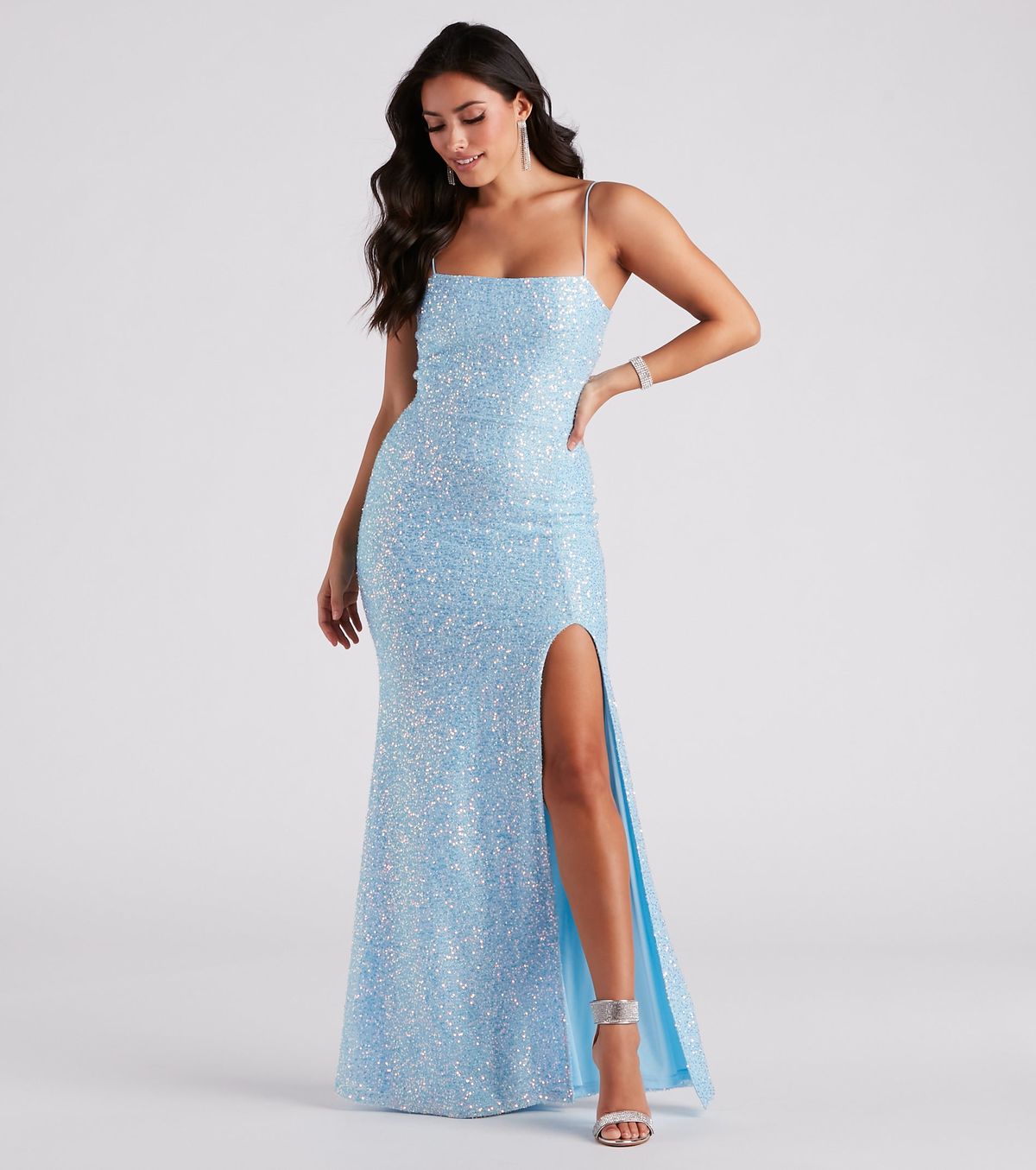 Style 05002-6933 Windsor Size S Bridesmaid Sequined Blue Side Slit Dress on Queenly