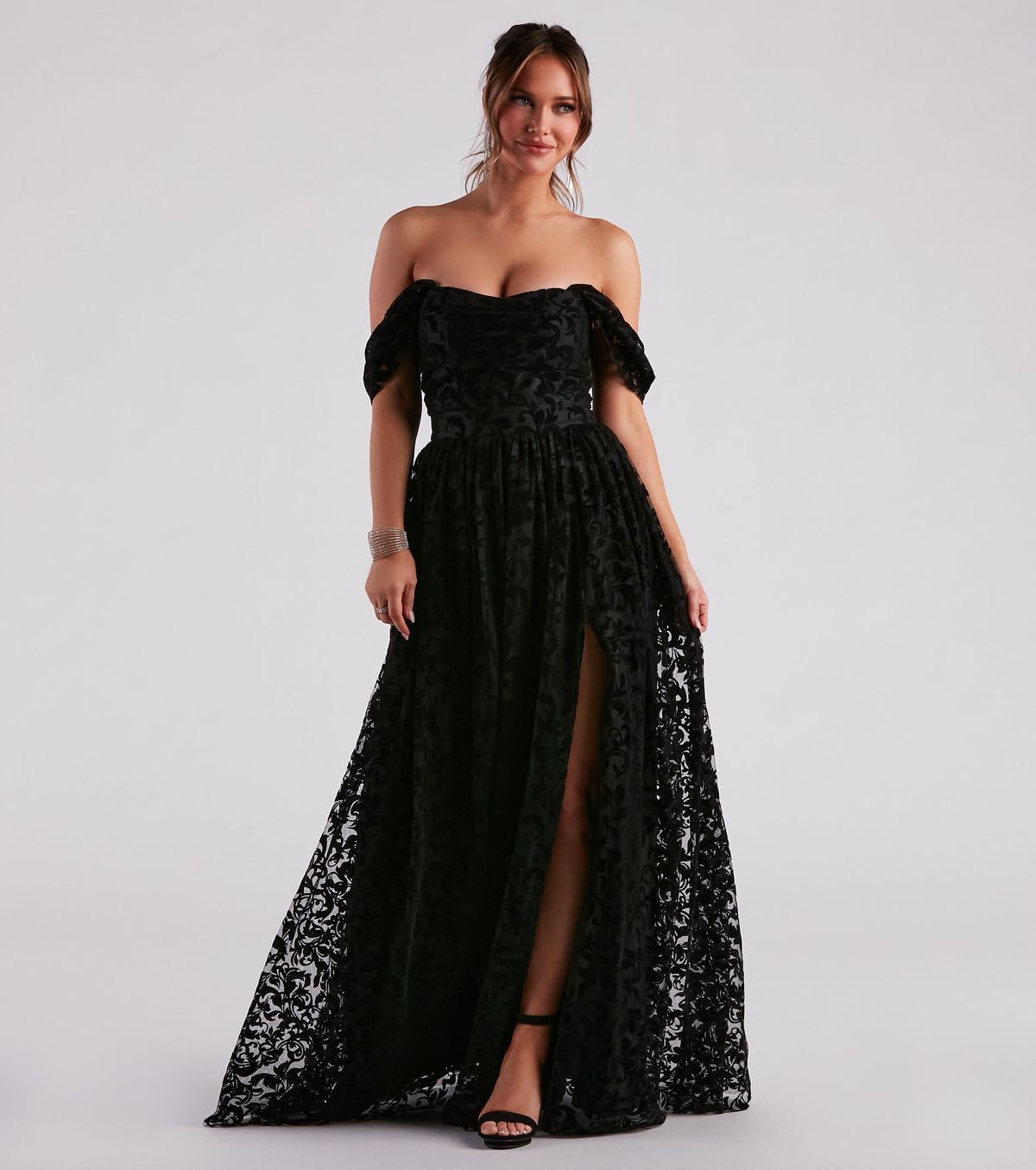 Style 05002-3125 Windsor Size L Bridesmaid Off The Shoulder Velvet Black Side Slit Dress on Queenly