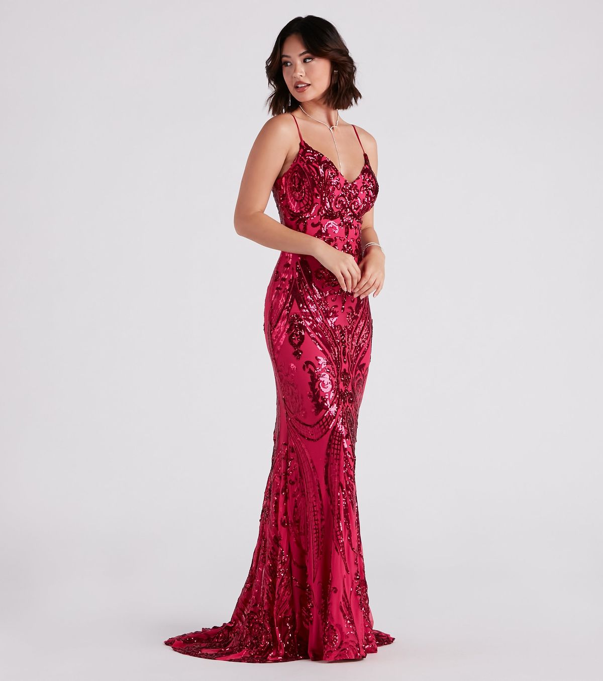 Style 05002-6885 Windsor Size M Bridesmaid Sequined Hot Pink Mermaid Dress on Queenly