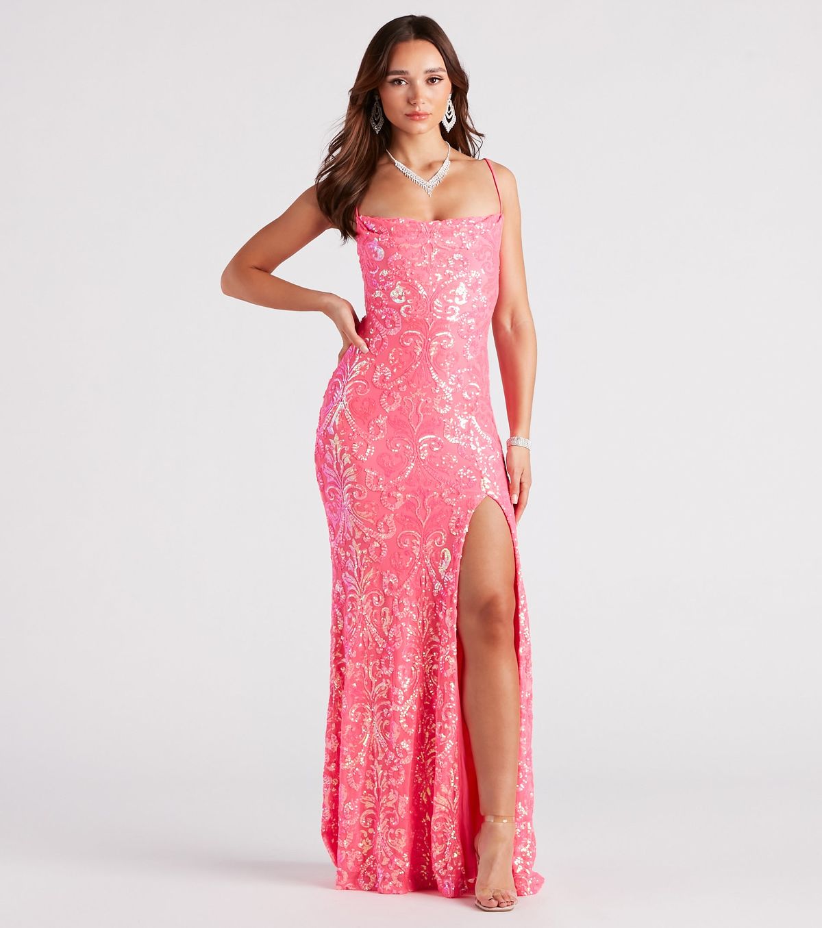 Style 05002-2974 Windsor Size XS Bridesmaid Sequined Pink Side Slit Dress on Queenly